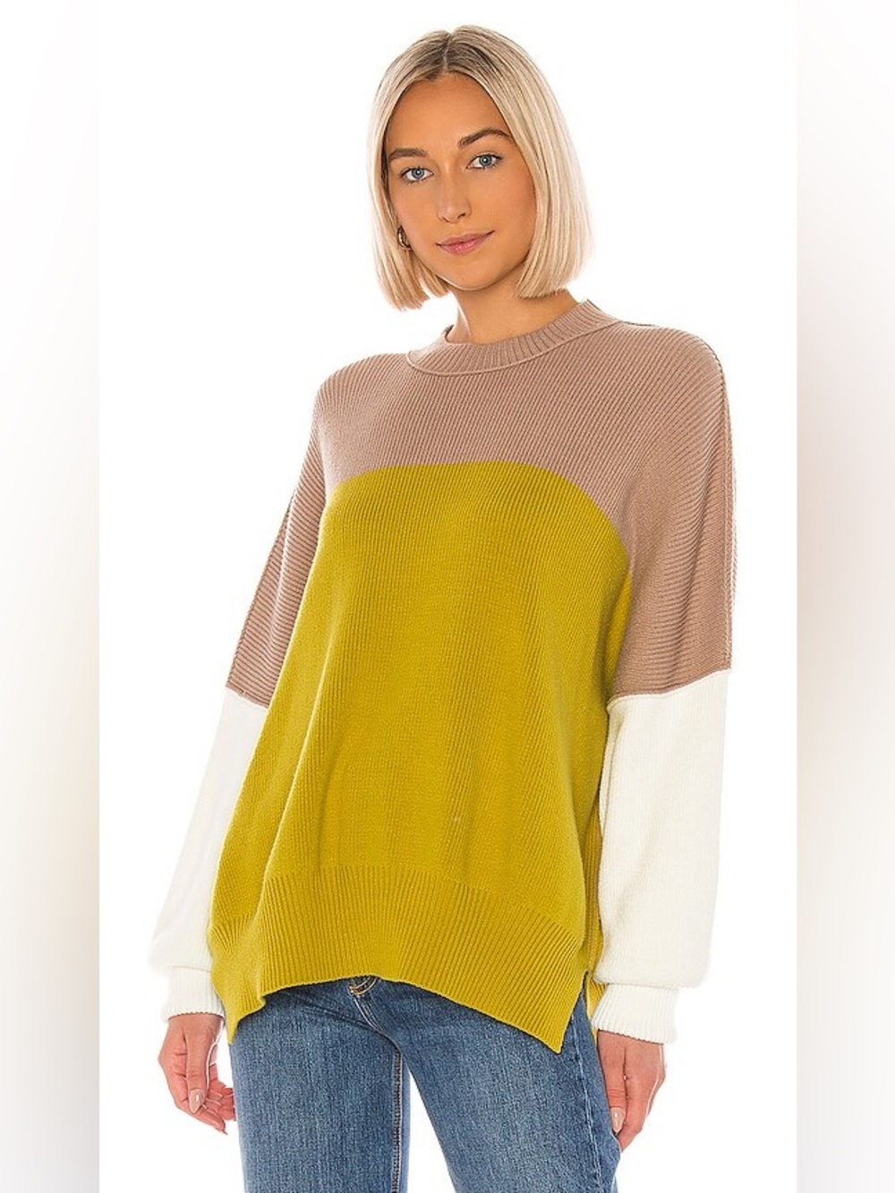 Free People Colorblock Scoop Neck Sweater in Mustard, Taupe & Cream